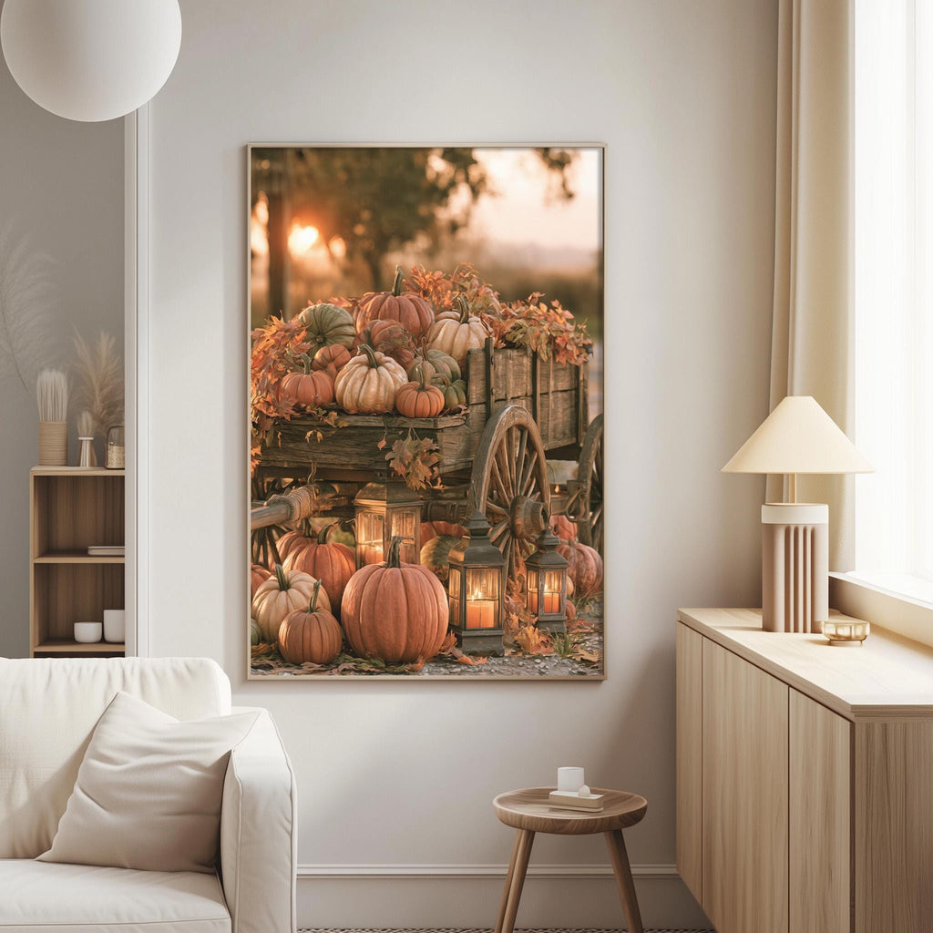 a cozy living room with a large framed picture hanging on the wall, depicting a rustic scene with a wooden wagon filled with pumpkins and lanterns.