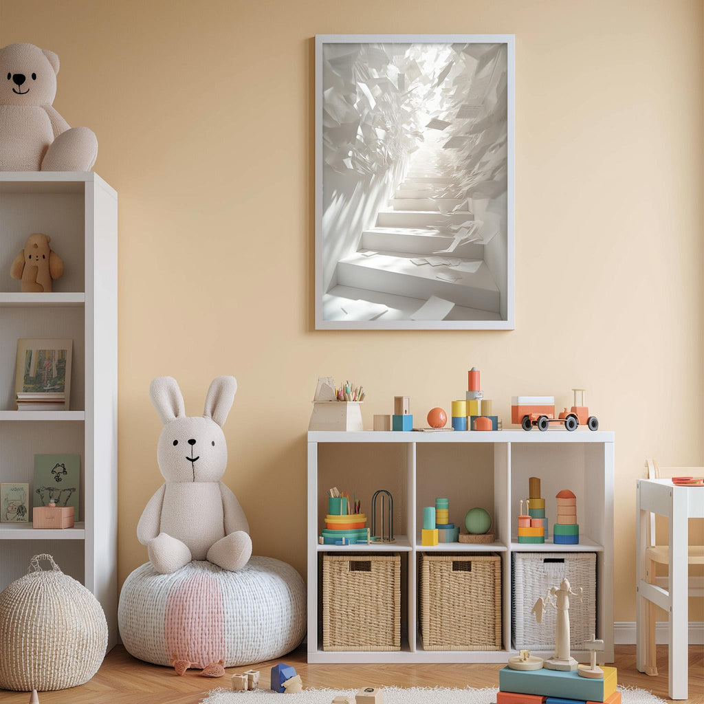 A cozy and colorful children's playroom with a white rabbit sitting on a bean bag chair, surrounded by shelves filled with toys and a bookshelf. A framed artwork depicting a staircase is hanging on the wall above the playroom.