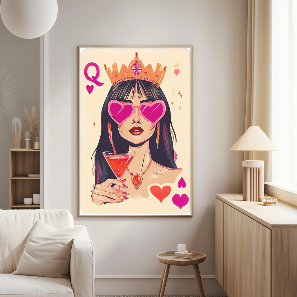 a large, colorful illustration of a woman wearing a crown and sunglasses, holding a drink in her hand.