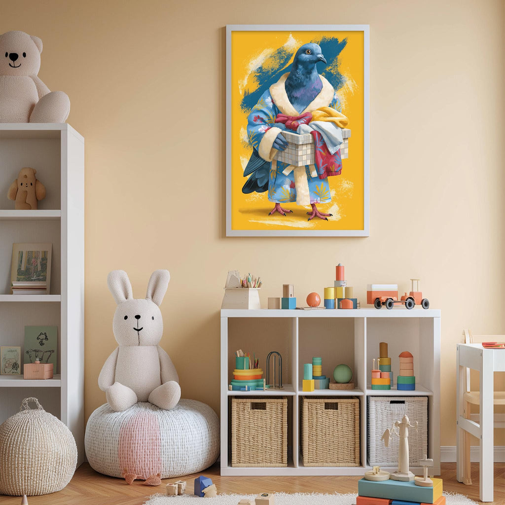 A child's bedroom with a stuffed rabbit, a bookshelf, and a colorful painting of a bird dressed in a robe.
