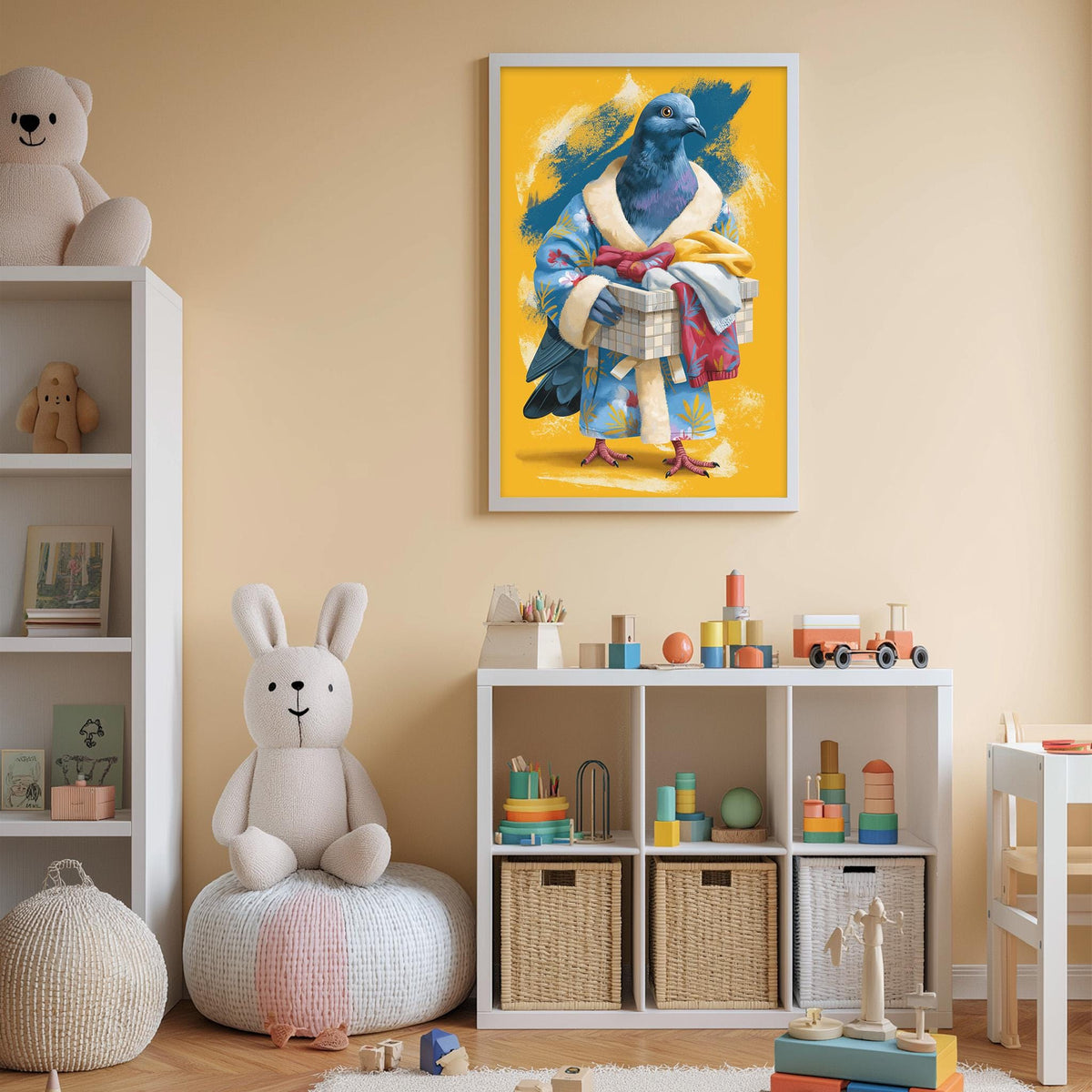 A child's bedroom with a stuffed rabbit, a bookshelf, and a colorful painting of a bird dressed in a robe.