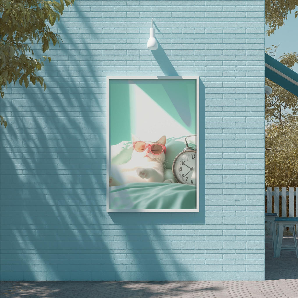 A framed image of a cat wearing sunglasses is displayed on a blue brick wall, with a clock visible to the right side of the frame.