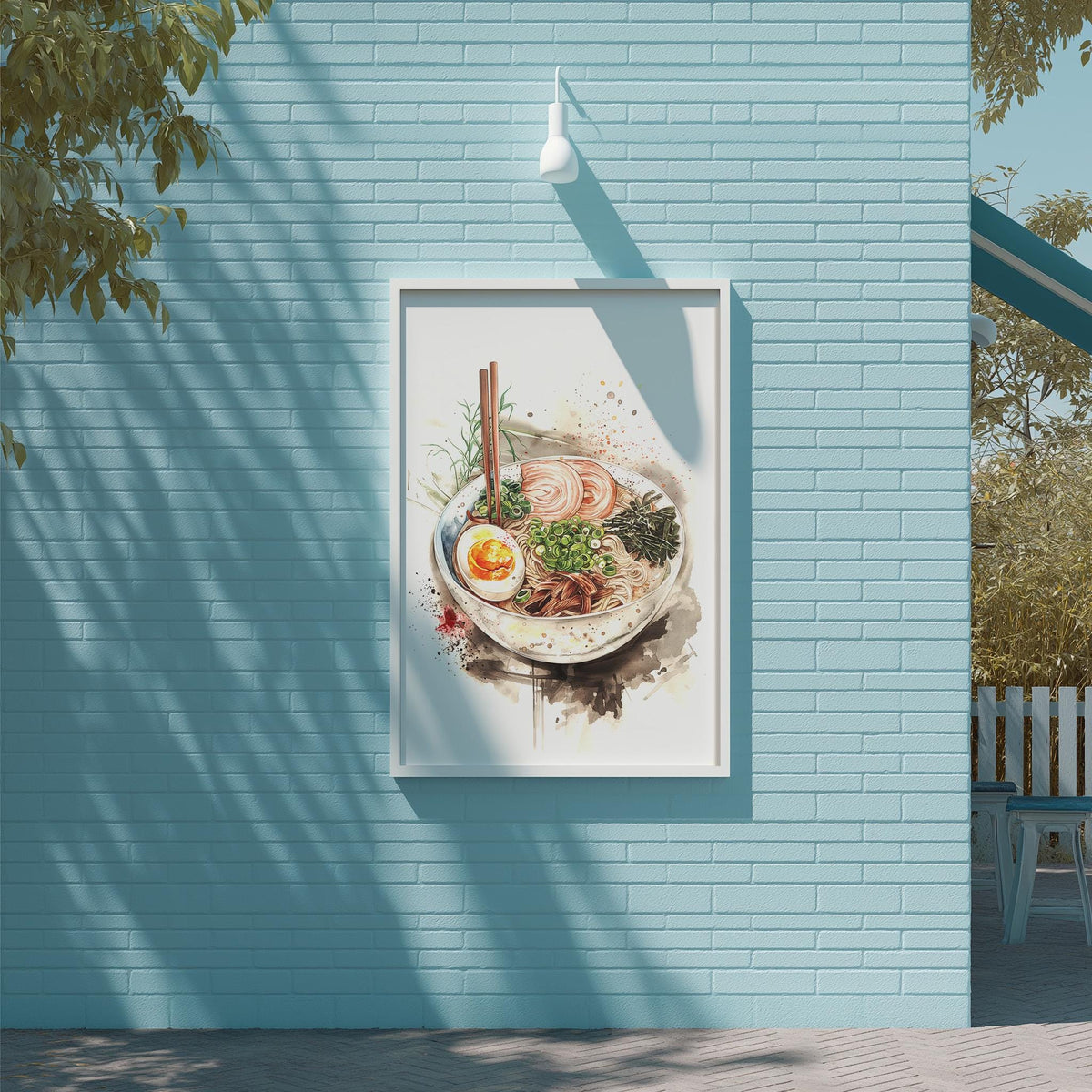 a framed painting of a bowl of ramen noodles hanging on a blue wall.