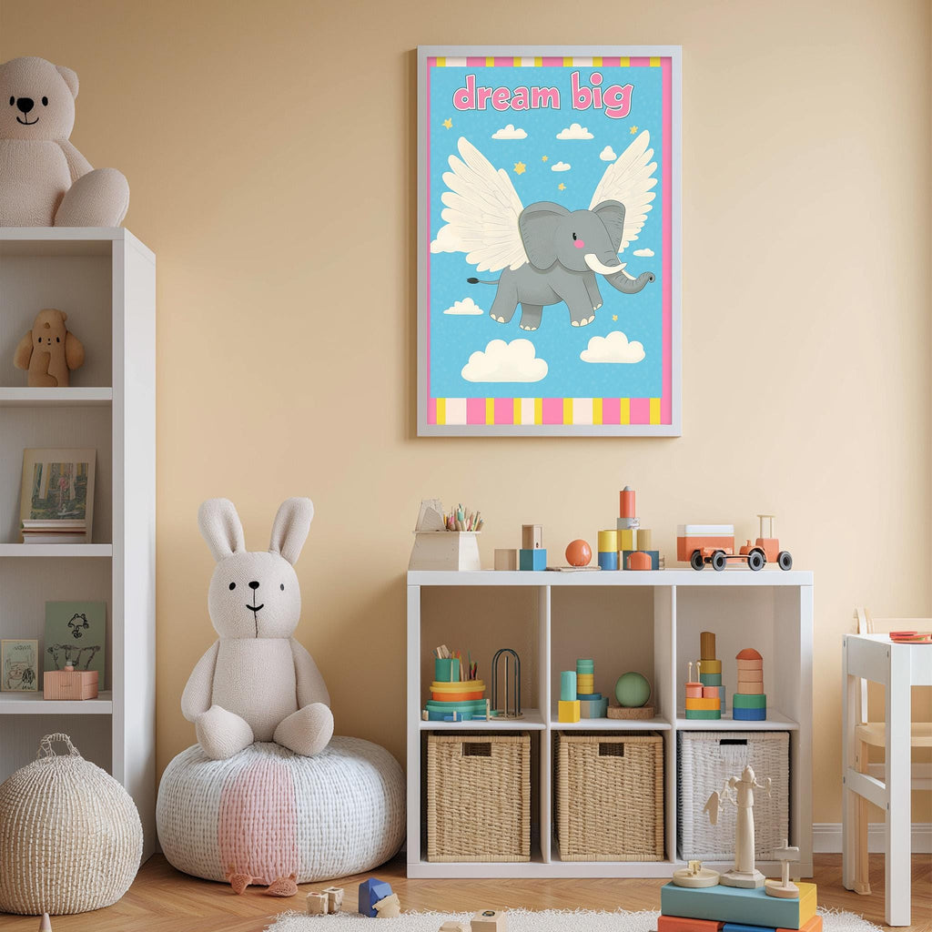 A child's bedroom with a bookshelf, stuffed animals, and a colorful poster on the wall.