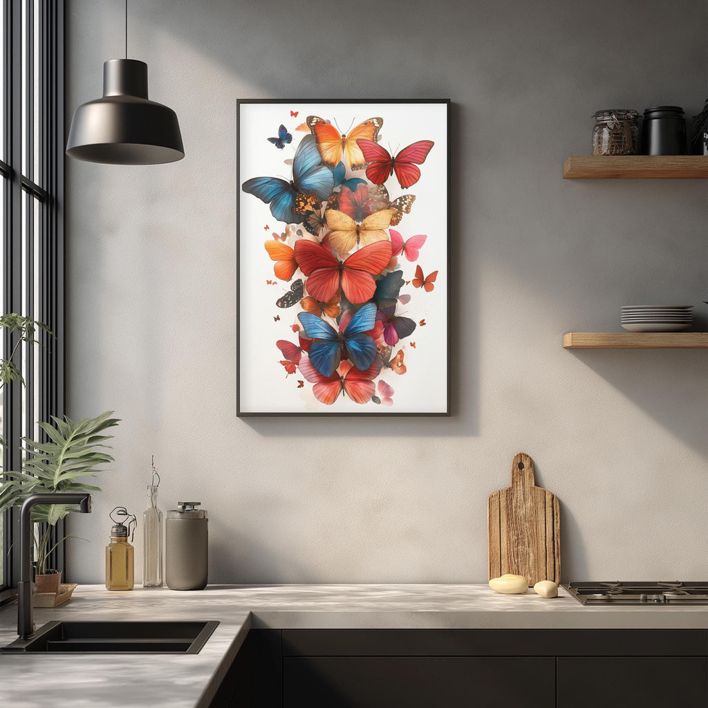 a kitchen counter with a framed print of colorful butterflies hanging above it. The butterflies are depicted in various shades of red, orange, and blue, creating a vibrant and lively atmosphere in the kitchen.