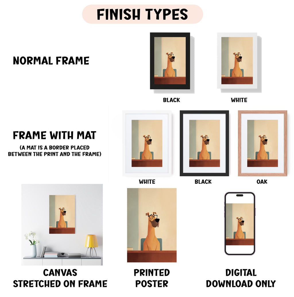 various types of artwork, including a normal frame, a frame with a mat, a canvas stretched on a frame, a printed poster, and a digital download only.