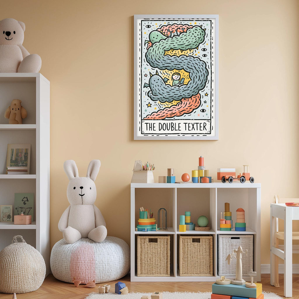 A child's bedroom with a white bookshelf, a stuffed rabbit, and a colorful poster of a snake on the wall.