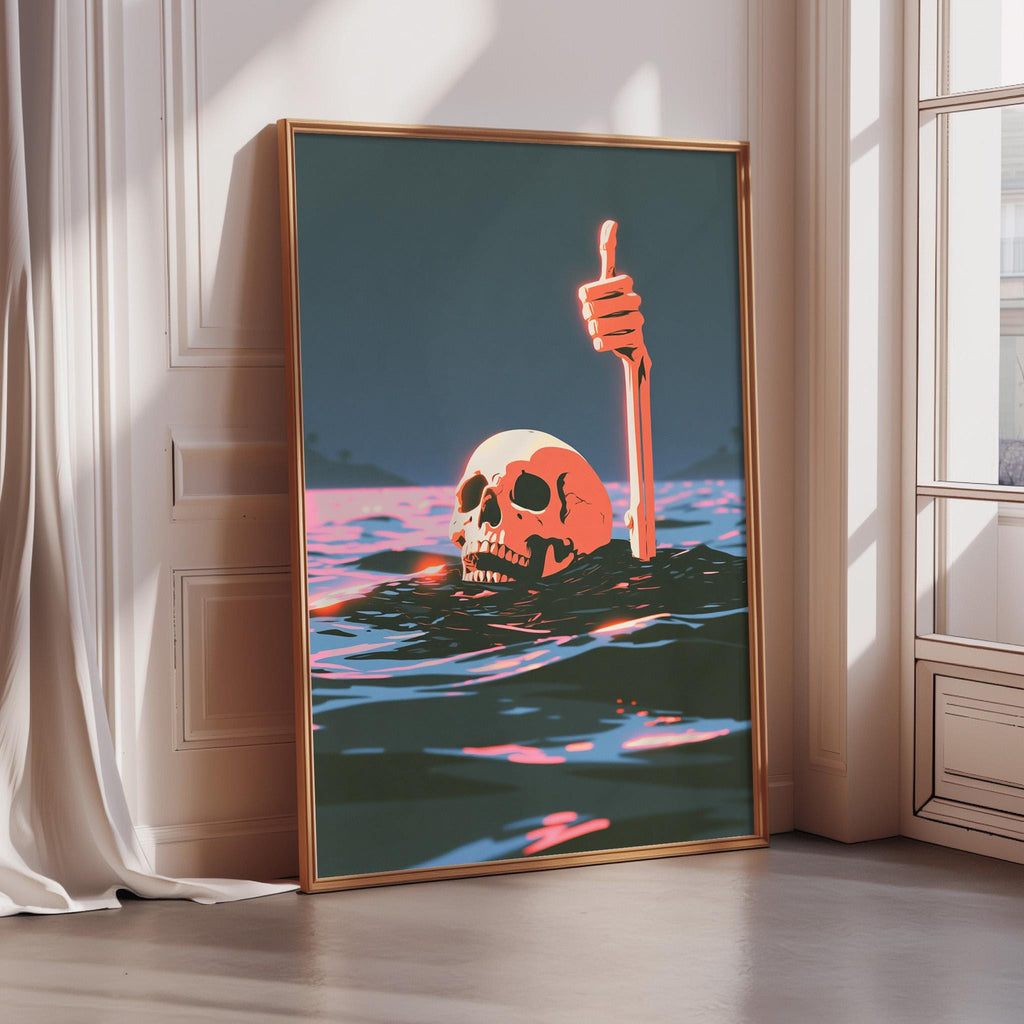 a skull submerged in water, with a hand holding a stick above it, creating a surreal and artistic scene.