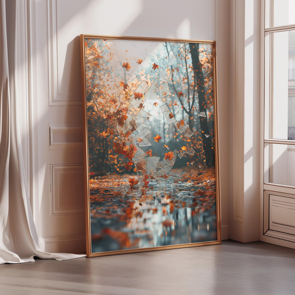 a large, framed painting depicting a serene autumn scene with a forest and fallen leaves.