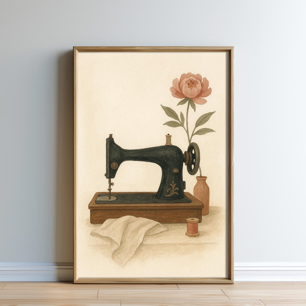 A framed painting depicting an old-fashioned sewing machine with a pink flower on the side, placed on a wooden surface against a white wall.