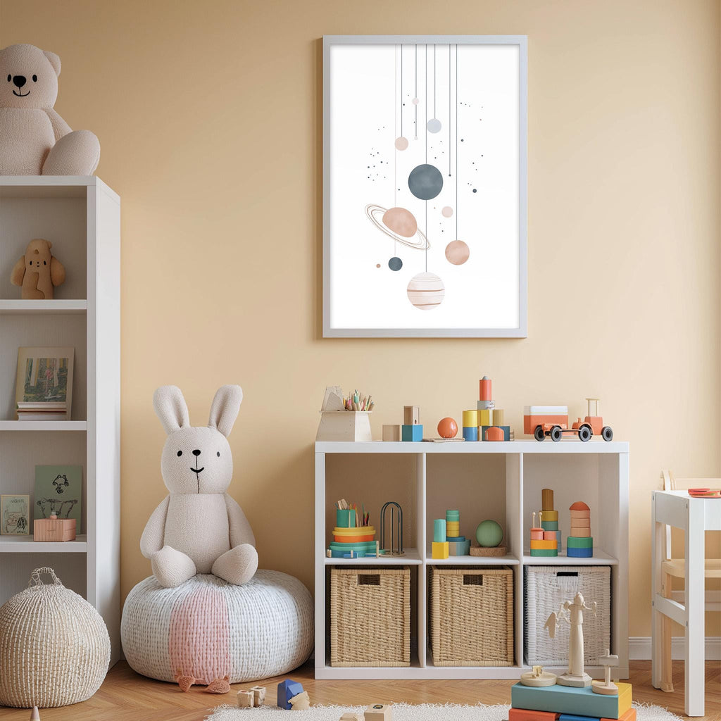 A cozy and colorful children's bedroom with a large stuffed rabbit, shelves filled with toys, and a framed artwork depicting a space scene.