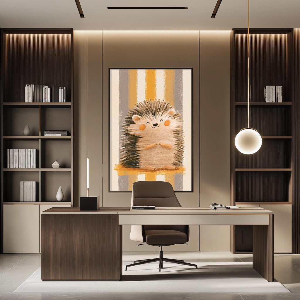 a modern office space with a large framed artwork of a hedgehog on the wall. The office features a wooden desk, a comfortable-looking chair, and a bookshelf filled with books. The overall design and decor create a cozy and inviting atmosphere.