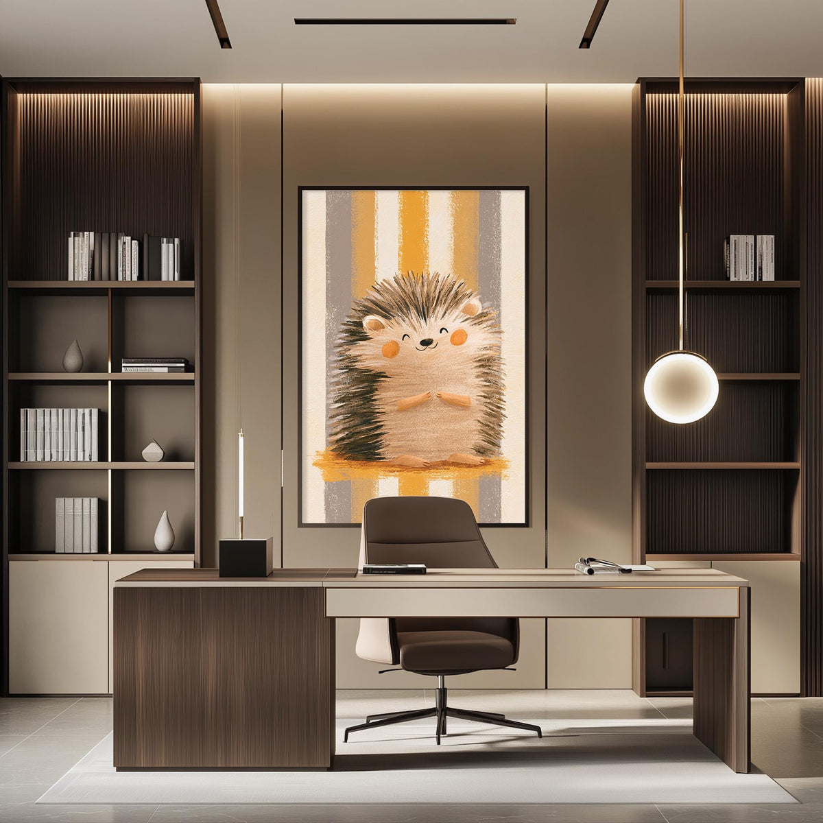 a modern office space with a large framed artwork of a hedgehog on the wall. The office features a wooden desk, a comfortable-looking chair, and a bookshelf filled with books. The overall design and decor create a cozy and inviting atmosphere.