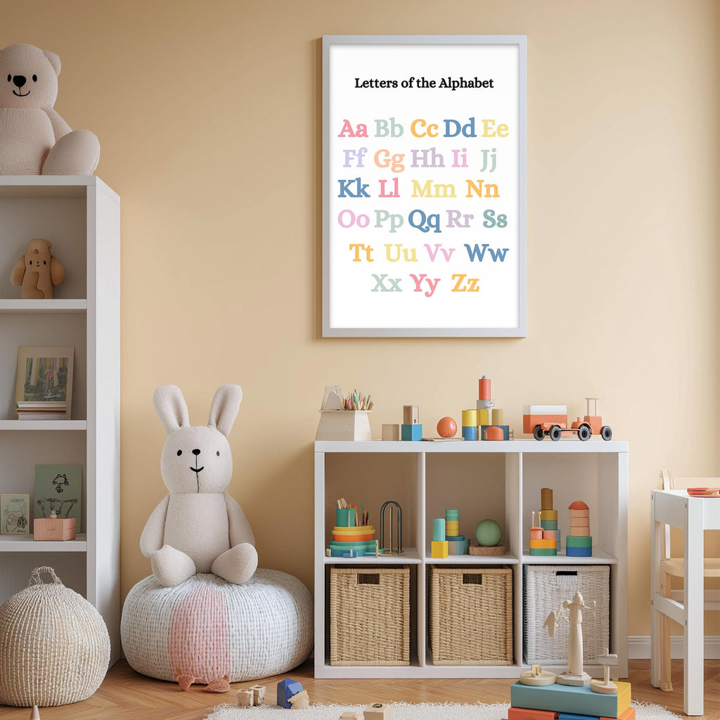 A child's bedroom with a white bookshelf, a stuffed rabbit, and a colorful alphabet poster on the wall.