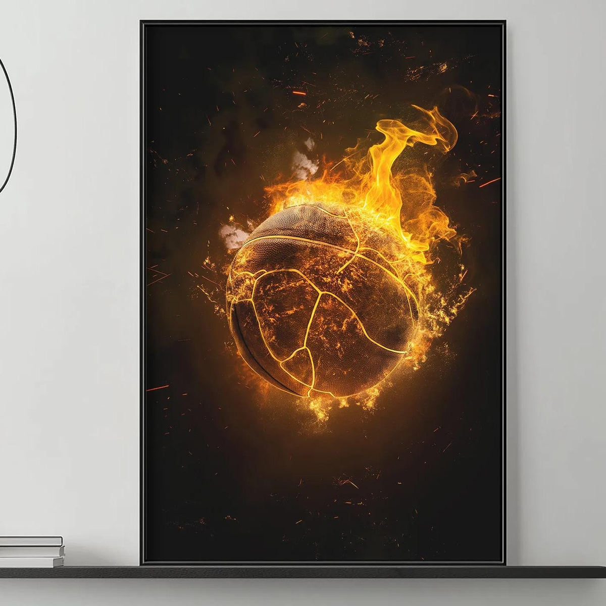a modern living room with a gray sofa, a coffee table, and a large framed artwork depicting a fiery ball on the wall.