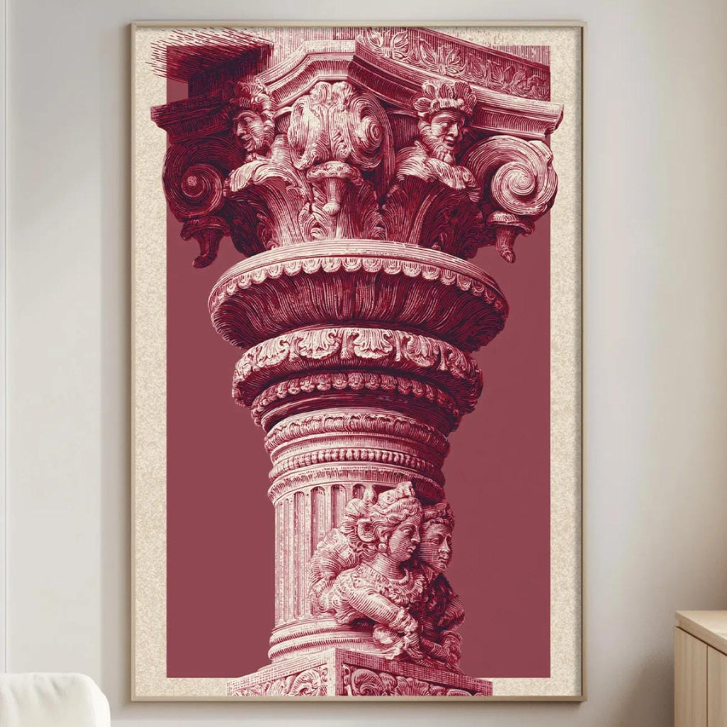 a large, ornate column with intricate carvings and decorations, which is the central focus of the room. The room has a white sofa, a wooden side table, and a lamp, creating a cozy and elegant atmosphere.
