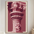 a large, ornate column with intricate carvings and decorations, which is the central focus of the room. The room has a white sofa, a wooden side table, and a lamp, creating a cozy and elegant atmosphere.