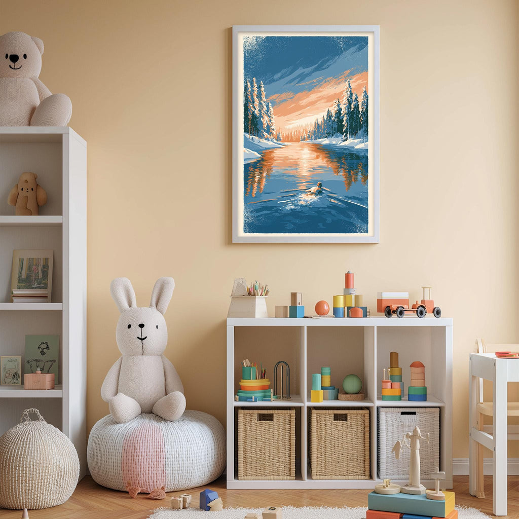 A cozy children's room with a large framed painting of a snowy landscape hanging on the wall, a white bookshelf filled with toys, and a plush rabbit sitting on a bean bag chair.
