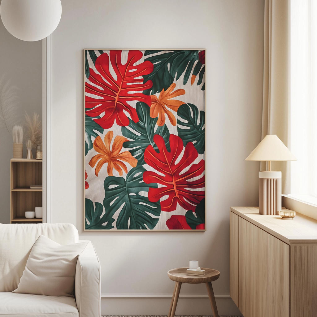 a living room with a large, colorful painting of tropical leaves hanging on the wall. The painting has a vibrant mix of red, green, and orange colors, creating a lively and energetic atmosphere. The room also includes a white sofa, a wooden side table, and a lamp, contributing to a cozy and inviting ambiance.