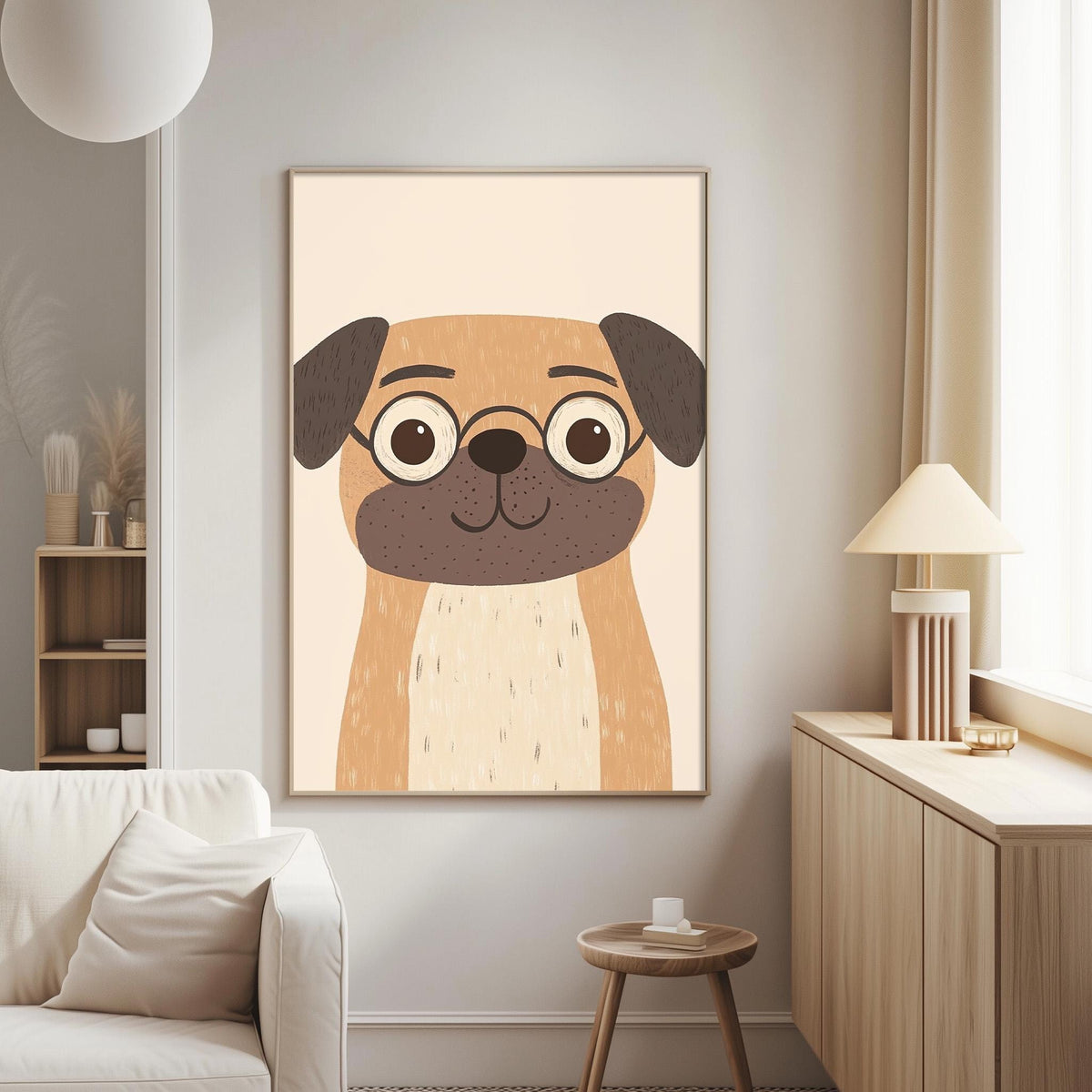 a cozy living room with a large framed picture of a cute pug dog hanging on the wall. The pug has a friendly expression and is wearing glasses. The room also includes a white couch, a small table, and a lamp, creating a comfortable and inviting atmosphere.