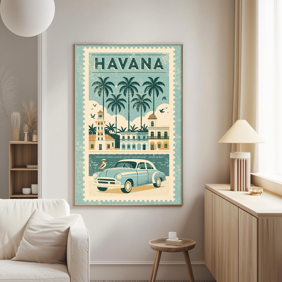 a vintage-style poster of Havana, Cuba, hanging on a wall in a living room.