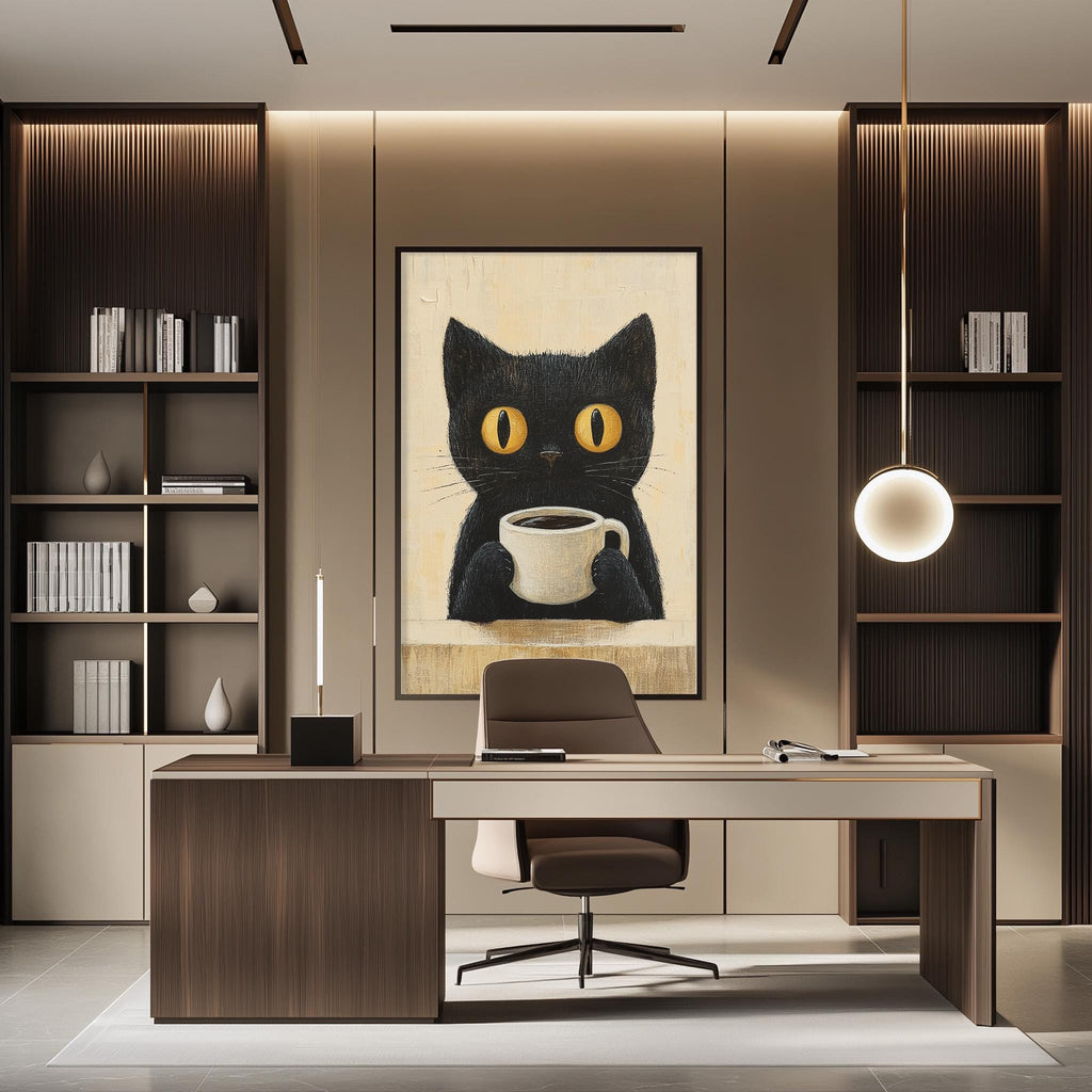a modern office space with a large black cat painting on the wall, a wooden desk, a chair, and a bookshelf.