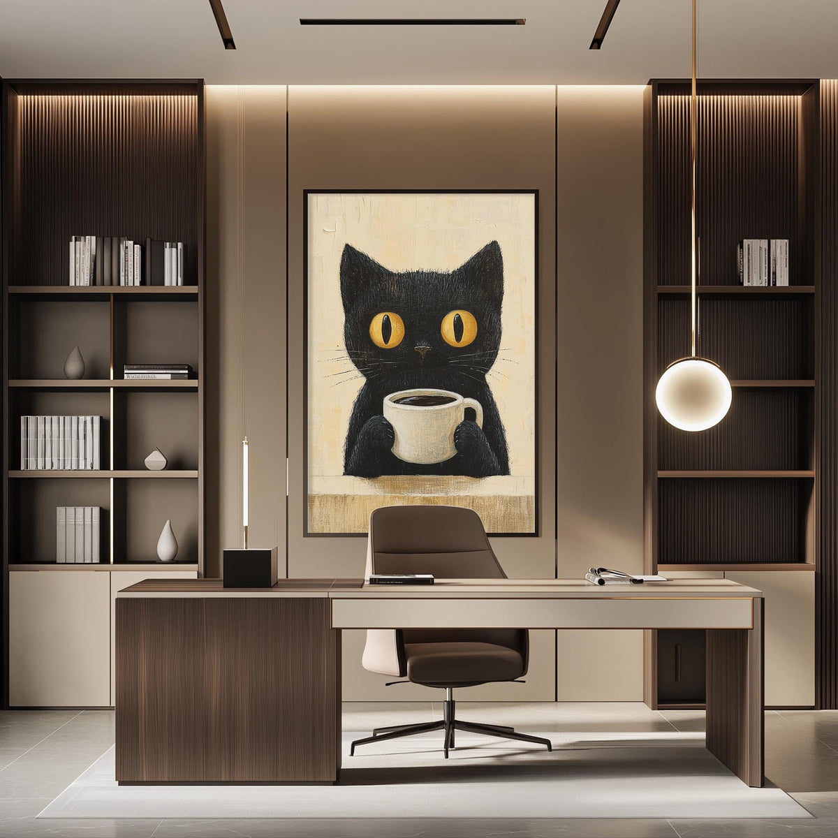 a modern office space with a large black cat painting on the wall, a wooden desk, a chair, and a bookshelf.
