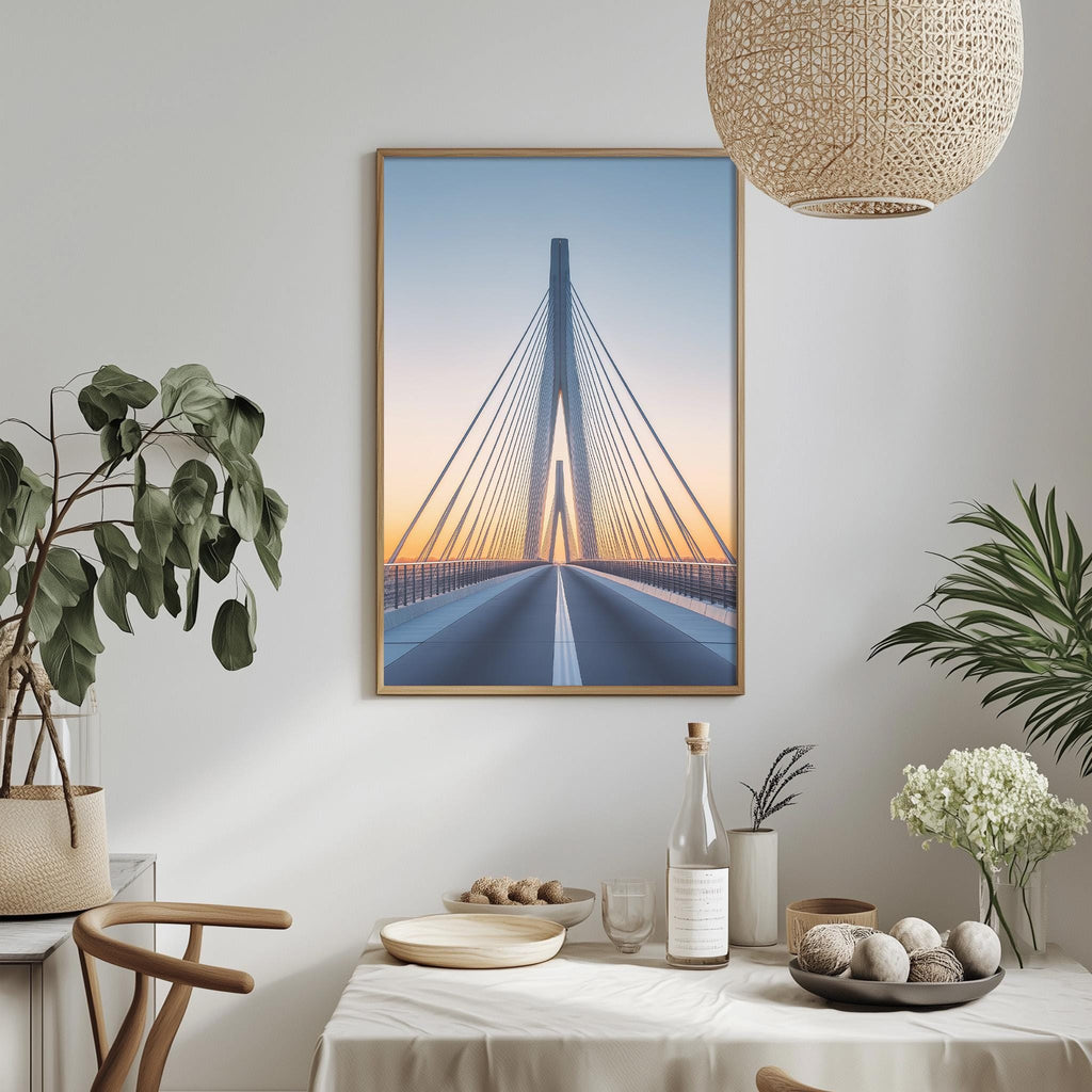 a dining table with a white tablecloth, a bowl of fruit, a bottle, and a vase with flowers. Above the table, there is a framed picture of a bridge with a sunset in the background.