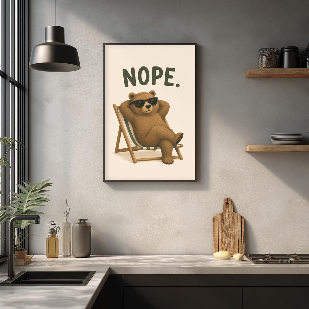 a framed illustration of a bear sitting in a chair with the word "NOPE" written above it.
