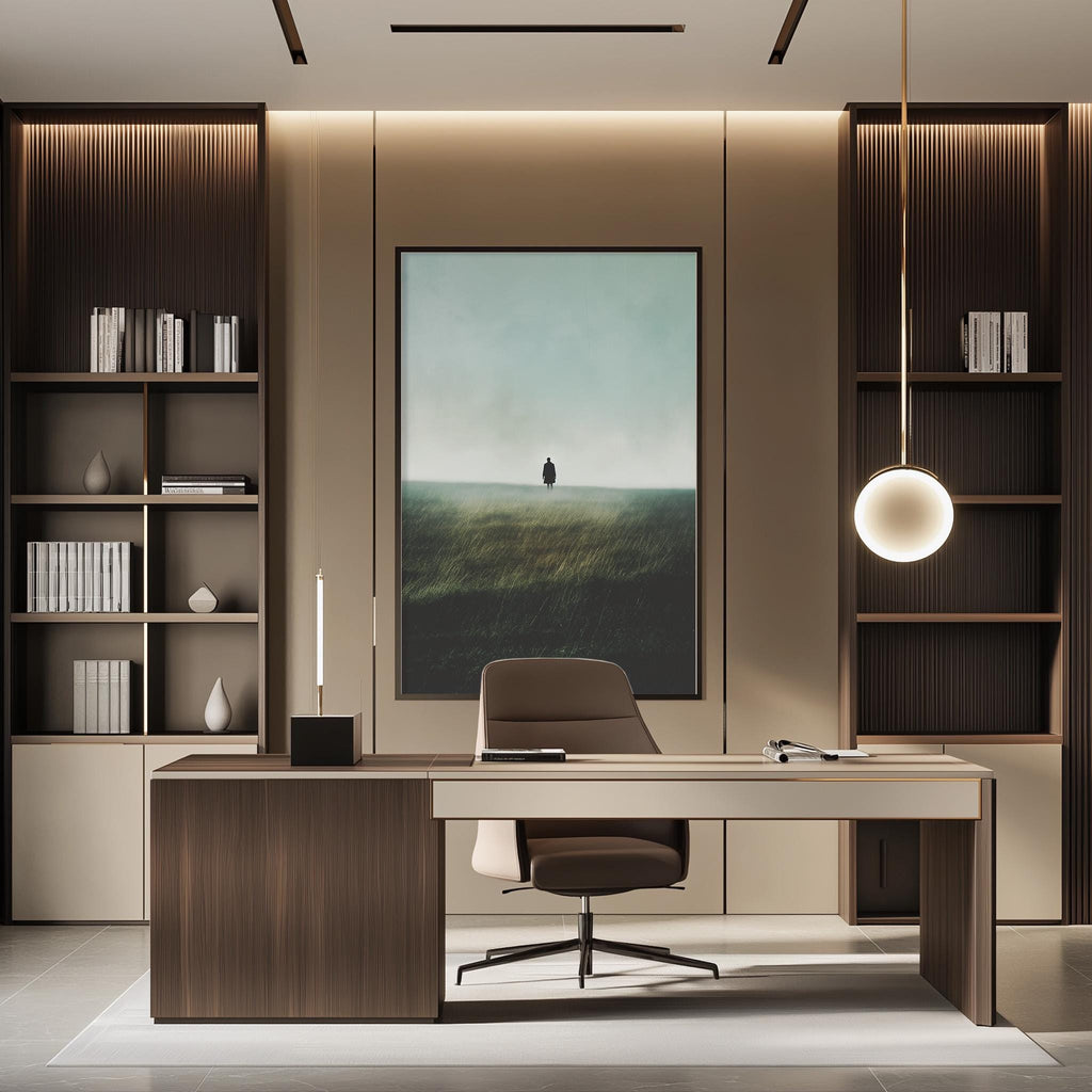 a modern and minimalist office space with a large framed landscape painting on the wall, a wooden desk with a chair, and built-in bookshelves.