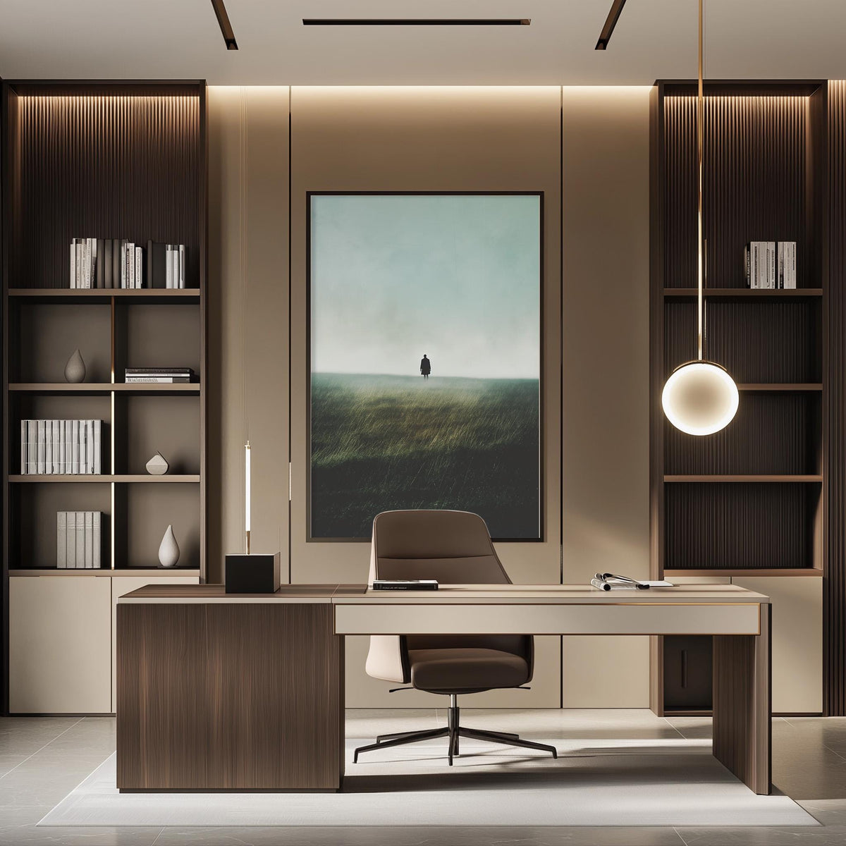 a modern and minimalist office space with a large framed landscape painting on the wall, a wooden desk with a chair, and built-in bookshelves.