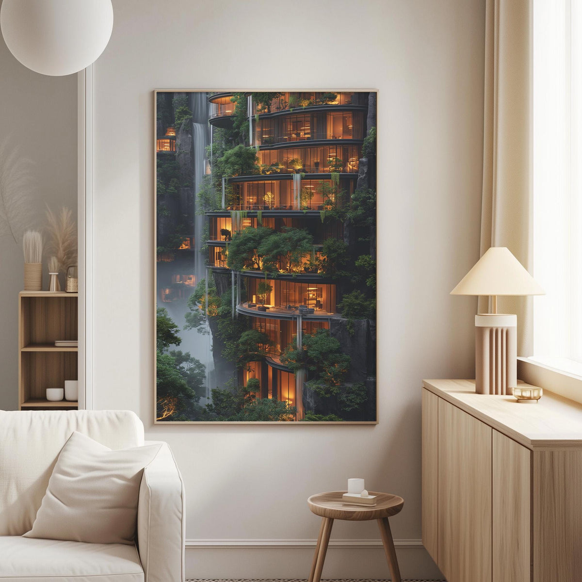 a large, colorful painting of a building with multiple levels, surrounded by lush greenery, hanging on a wall in a modern living room.