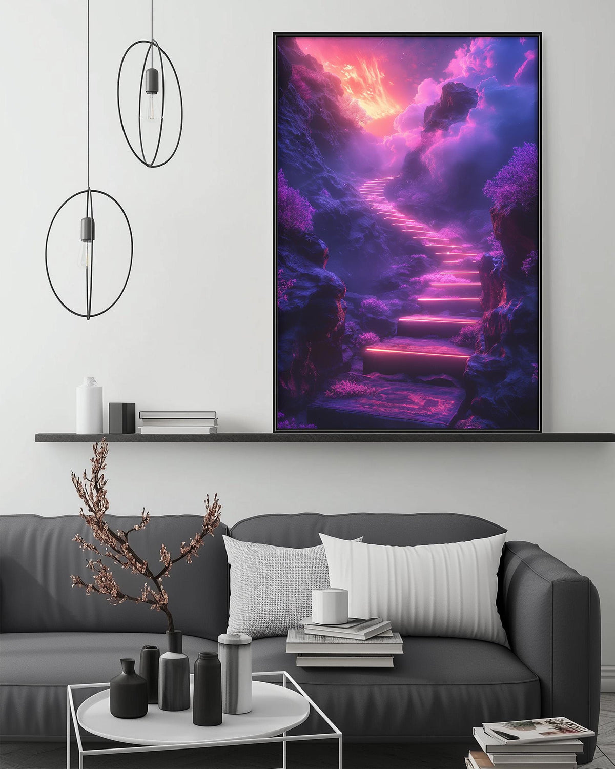 a large, vibrant painting of a fantastical landscape with a winding staircase leading up to a cliff, surrounded by a colorful sky. The painting is displayed on the wall above a gray couch, which has a coffee table in front of it. The room has a minimalist and modern design, with a few decorative items such as a potted plant, vases, and books.
