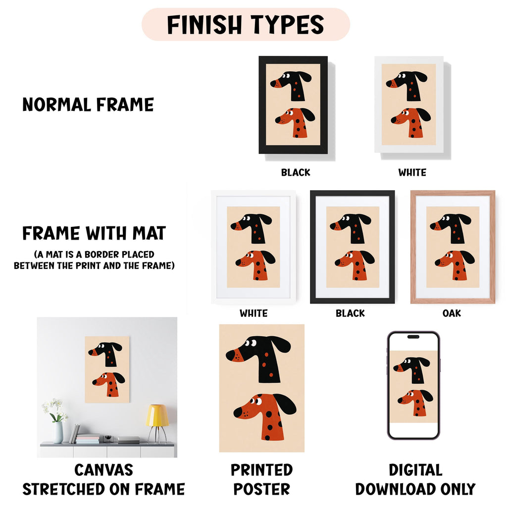 various types of artwork, including a canvas stretched on a frame, a framed poster, and a digital poster. The artwork features a dog with a mat placed between the print and the frame, and the artwork is presented in different frame colors, such as black, white, and oak.
