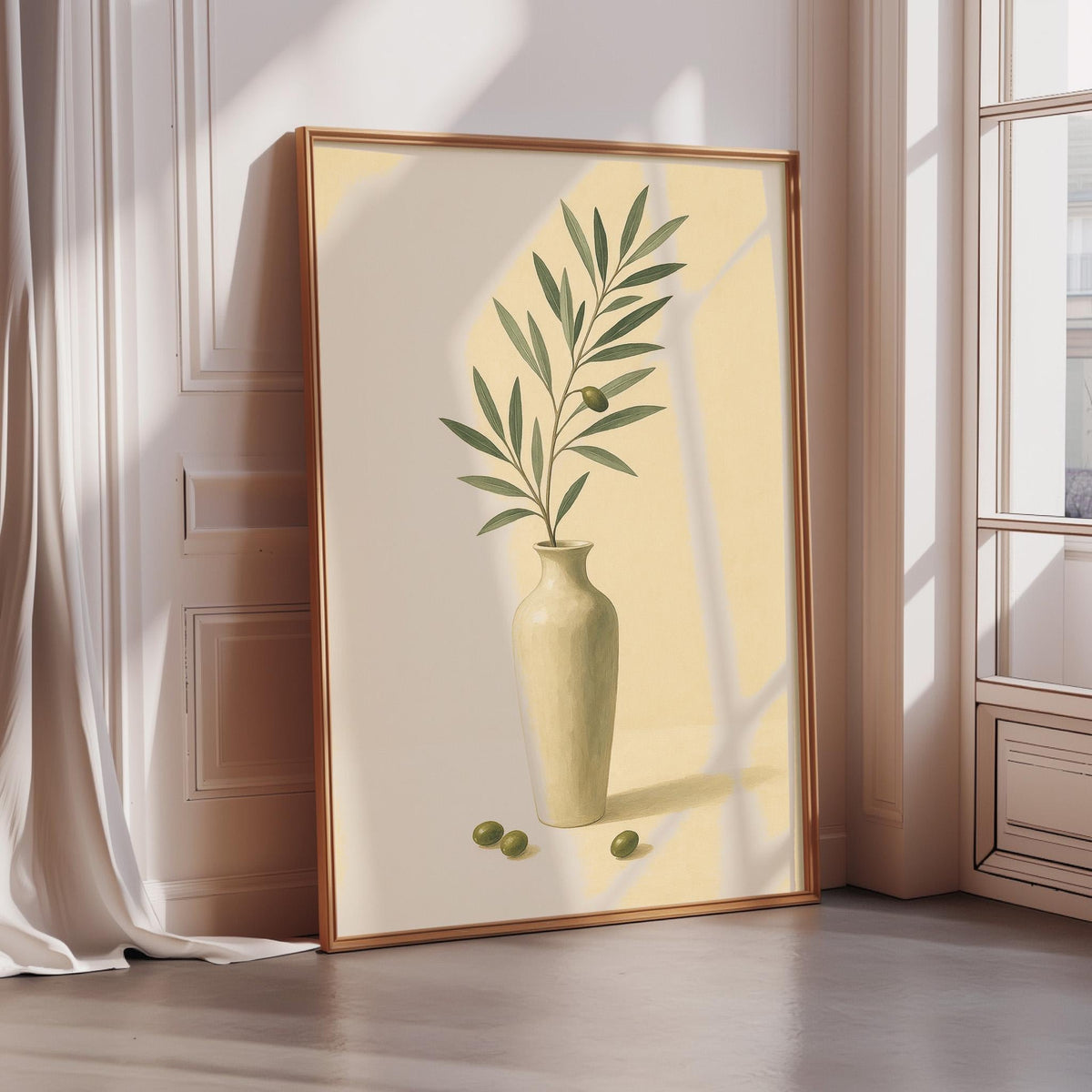 A framed painting of a green plant in a vase, with two additional green objects on the floor in front of it, is displayed on a wall near a window.