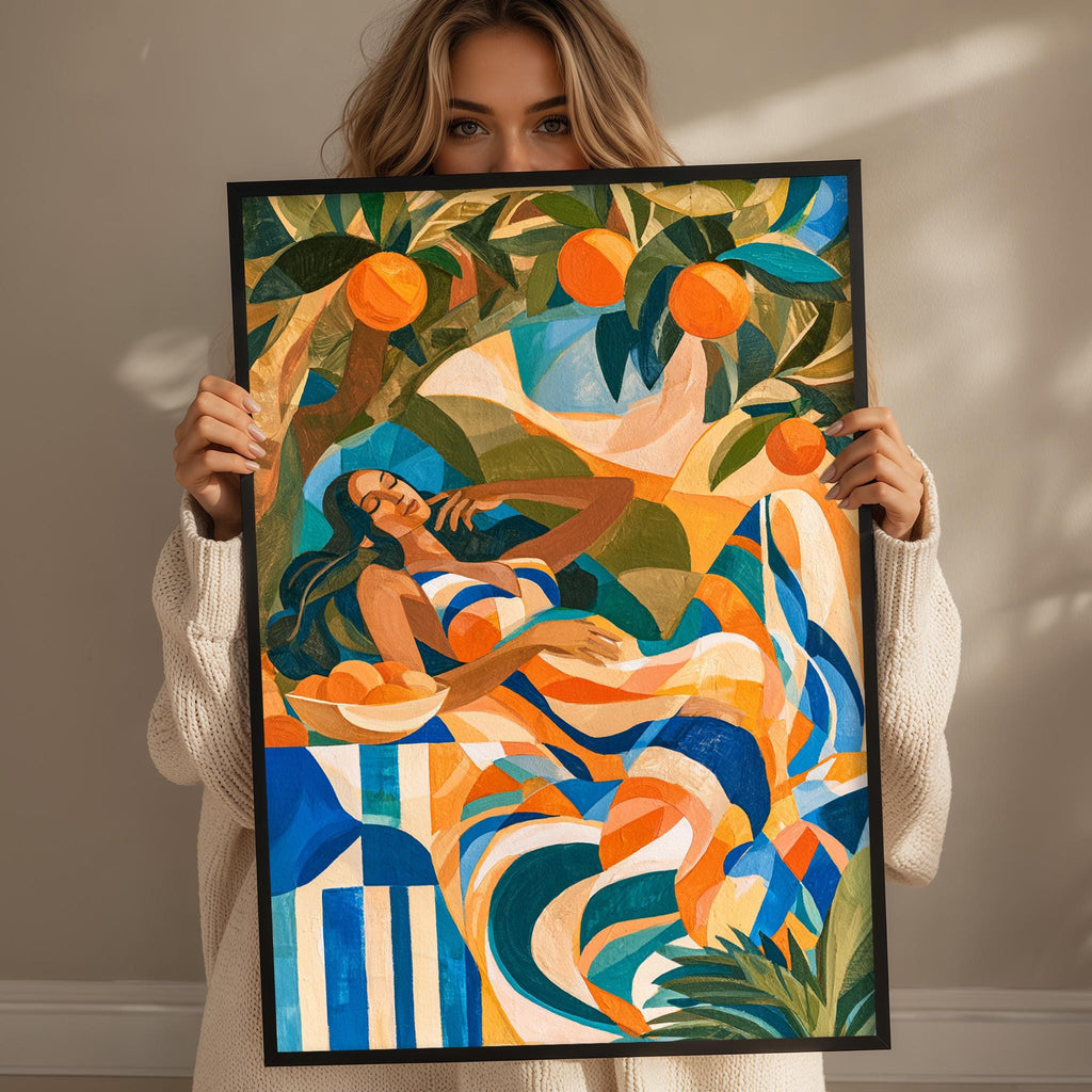 A woman holds up a framed painting depicting a vibrant, abstract scene with a woman lying in a hammock surrounded by a colorful, tropical landscape.