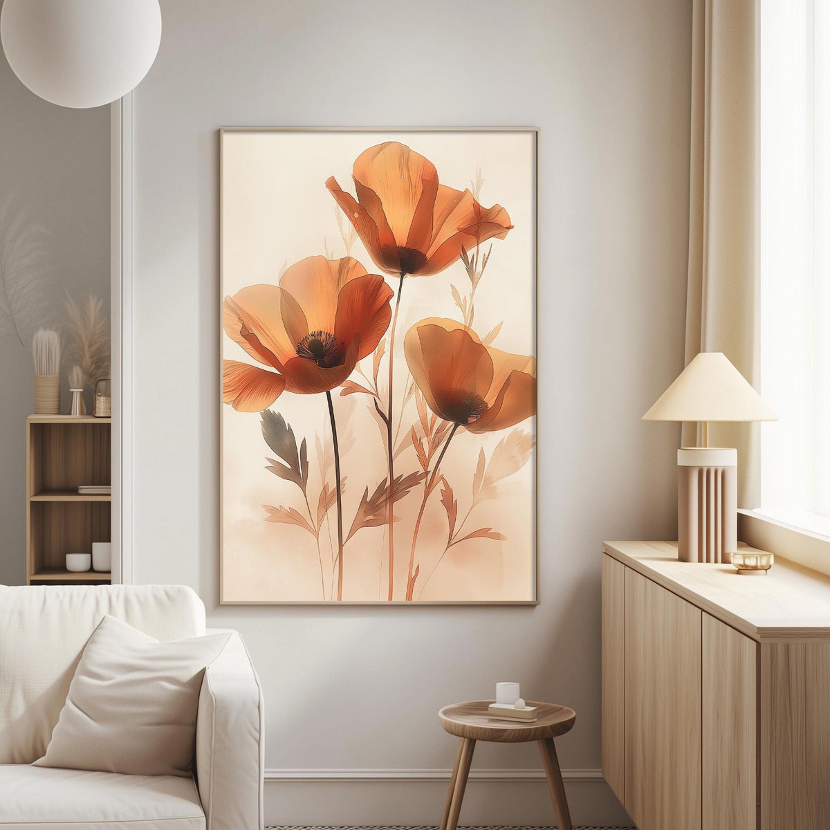 a living room with a large framed painting of orange flowers hanging on the wall. The painting is the focal point of the room, and it is placed next to a white couch and a small wooden table.