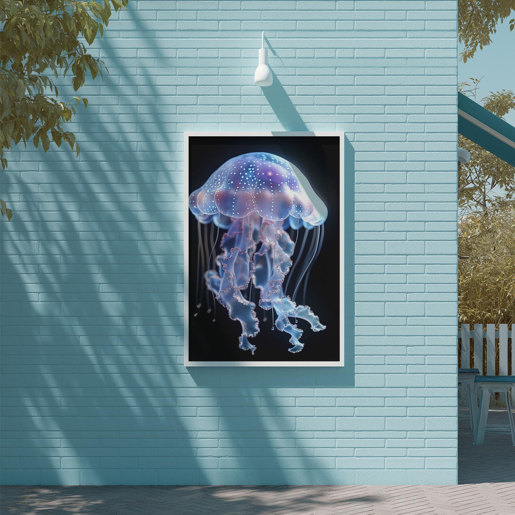 a large, colorful jellyfish with long tentacles, displayed on a blue wall.