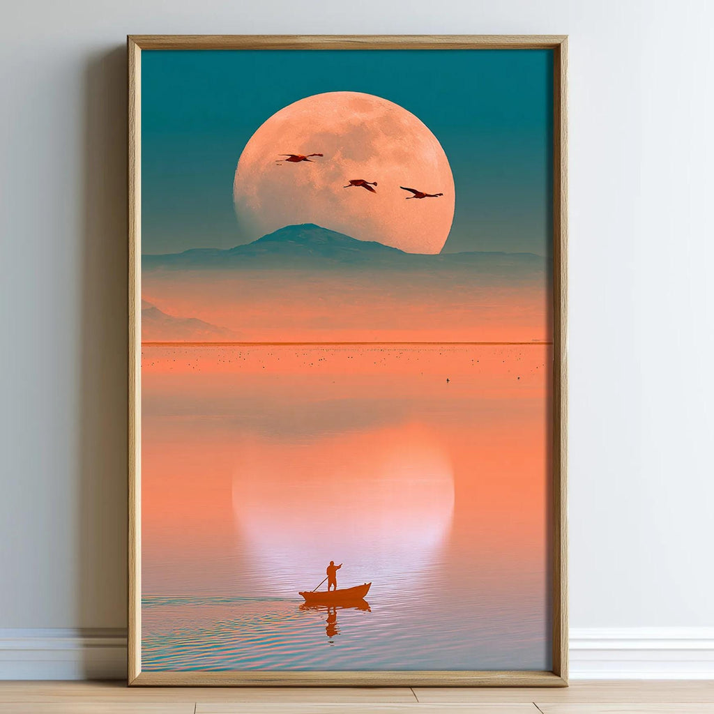A framed image depicting a person in a boat on a calm body of water, with a large, glowing orange moon in the sky and three birds flying in the distance.