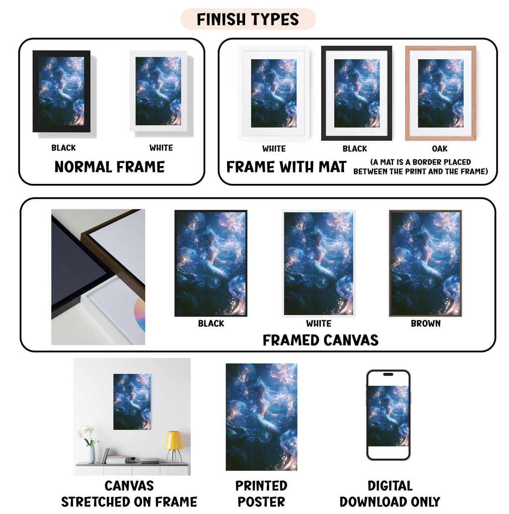 various finish types for artwork, including canvas, framed canvas, stretched canvas, printed poster, and digital download only.
