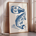 a large framed artwork depicting a fish with a bottle of money pouring from it.