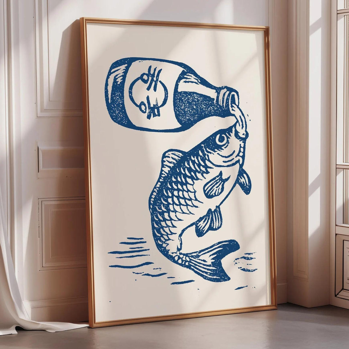 a large framed artwork depicting a fish with a bottle of money pouring from it.