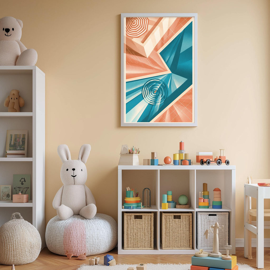 A cozy and colorful children's bedroom with a large abstract painting on the wall, a white bookshelf filled with toys, and a plush rabbit sitting on a bean bag chair.