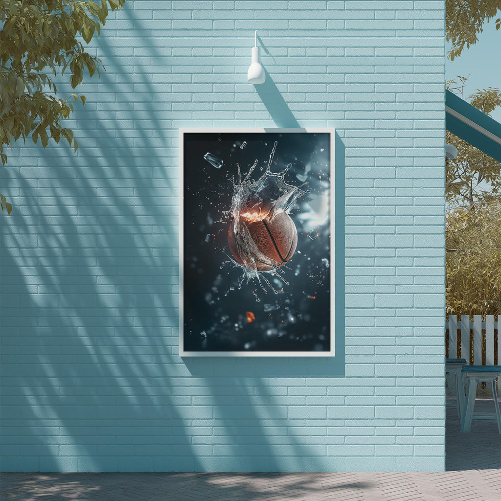 a framed poster of a basketball with a splash effect, hanging on a blue wall.