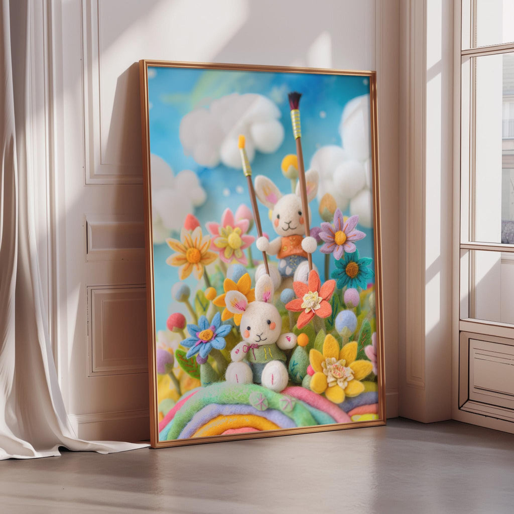A framed illustration depicting two rabbits surrounded by a vibrant, colorful garden scene with flowers, plants, and a rainbow.