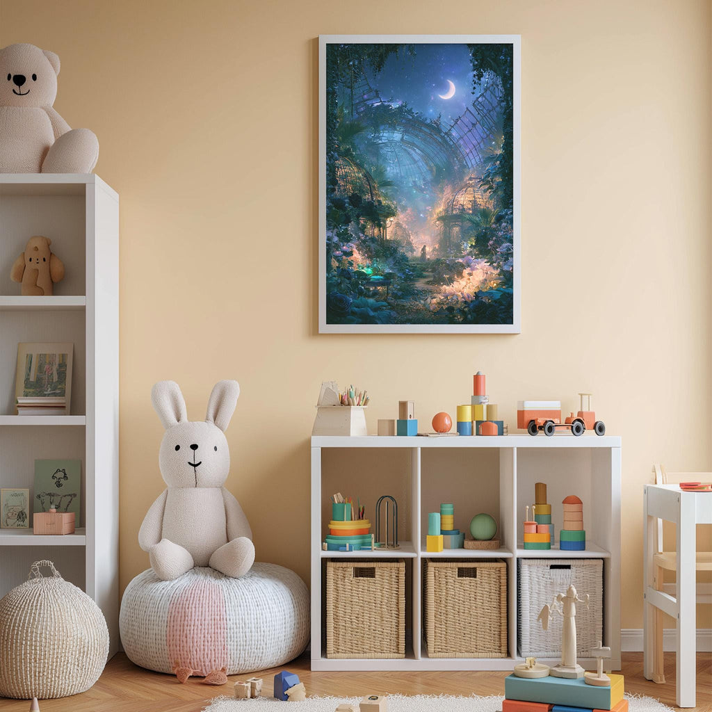 A cozy children's bedroom with a large stuffed bunny, a bookshelf, and a toy chest filled with toys. The walls are painted a light peach color, and a framed picture of a fantastical landscape hangs above the bookshelf.