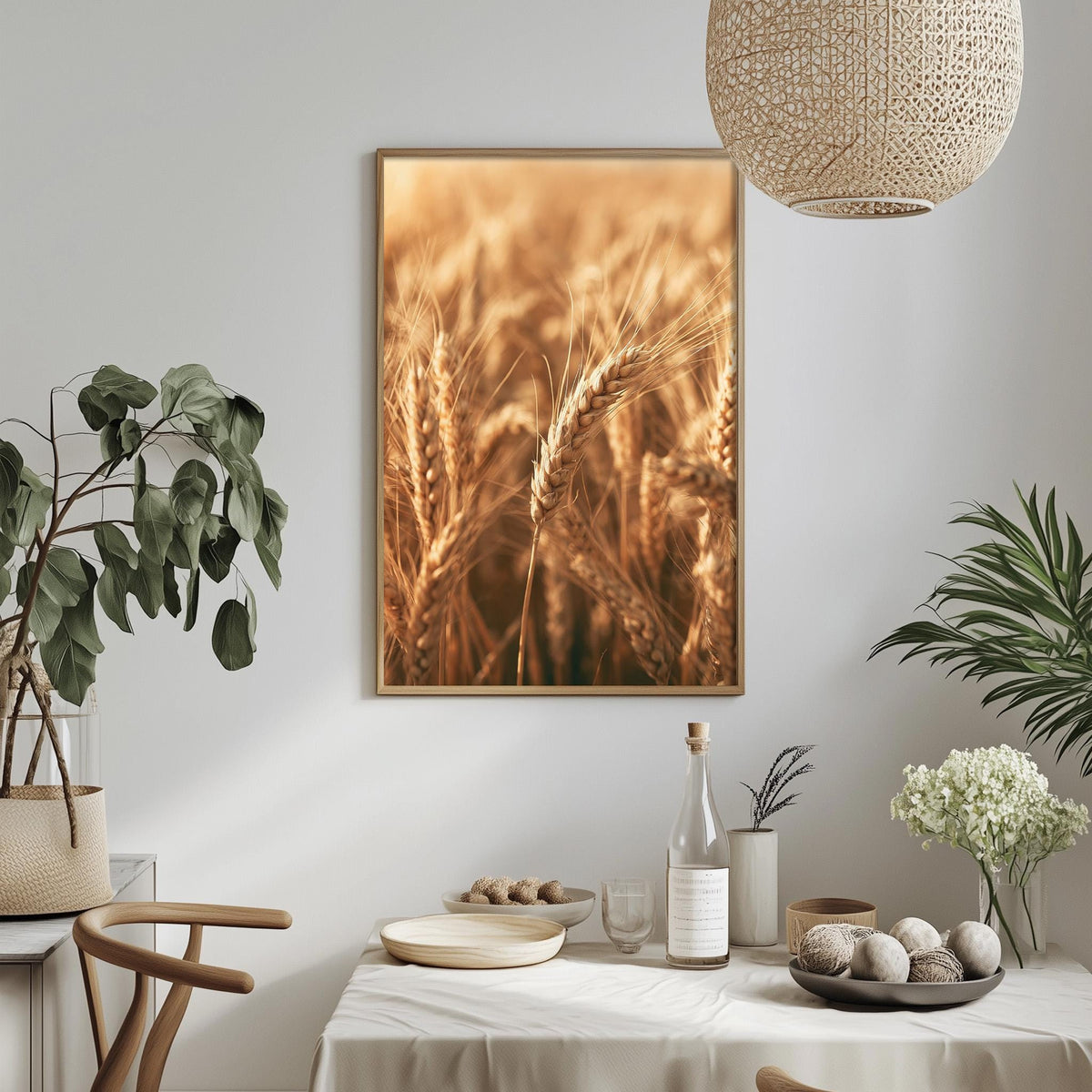 a serene dining scene with a table set for a meal, featuring a bowl of fruit, a bottle of wine, and a vase of flowers. The table is surrounded by chairs, and a framed picture of wheat fields hangs on the wall above it.