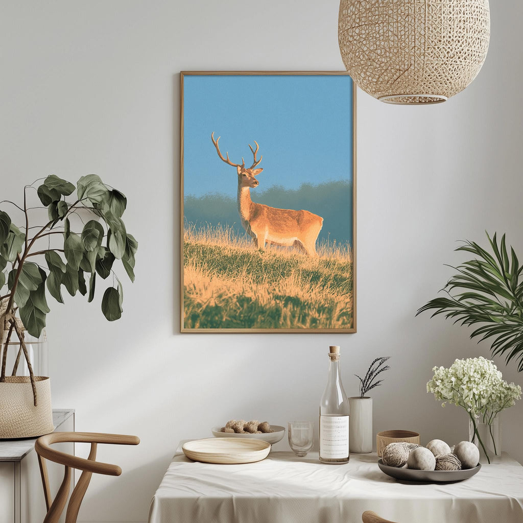 a deer standing in a grassy field, with a framed picture of the deer hanging on the wall above a table with various items on it.