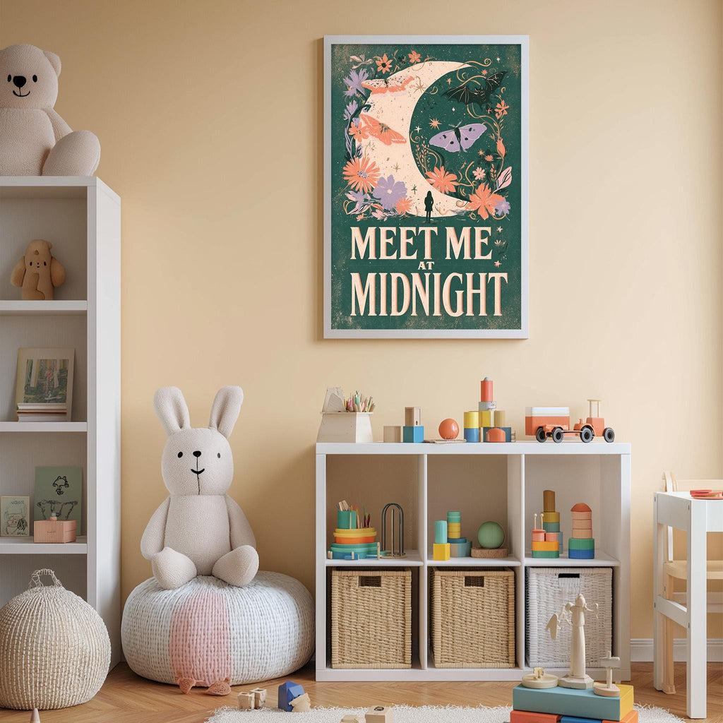 A child's bedroom with a large poster of a crescent moon and flowers on the wall, a white bookshelf filled with toys, and a stuffed rabbit sitting on a pillow.