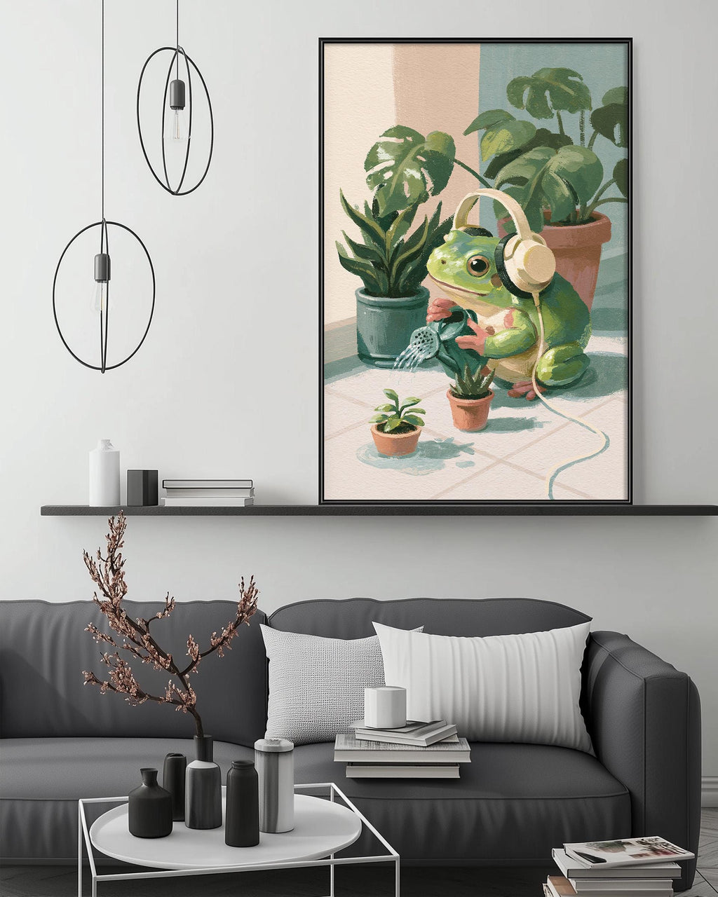 a cozy living room with a gray sofa, a coffee table, and a large framed painting of a frog wearing headphones, surrounded by potted plants.